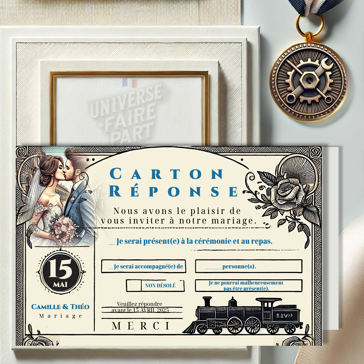 N°572.1 - Carton réponse Embarquement pour Toujours billet de train mariage