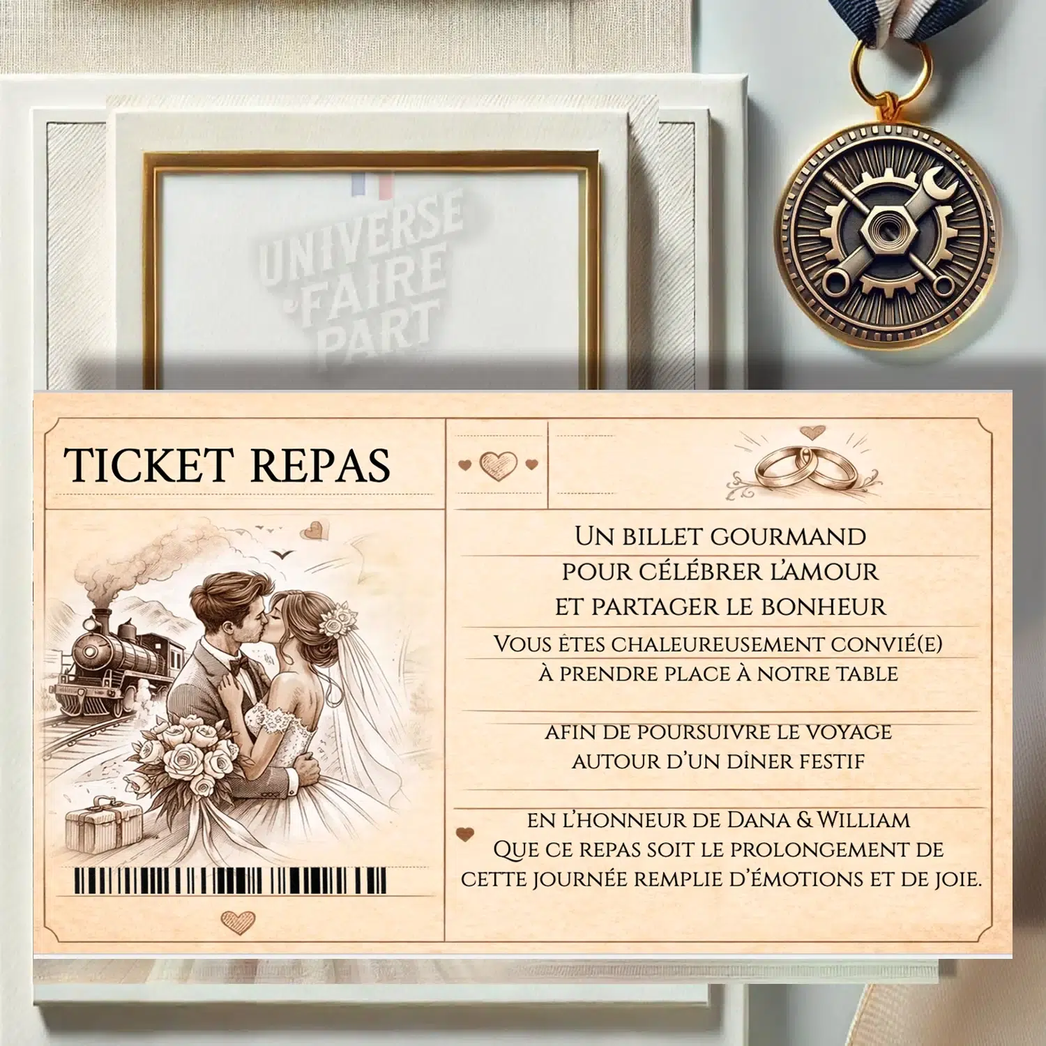 N°572.1 – Carton repas Embarquement pour Toujours billet de train mariage