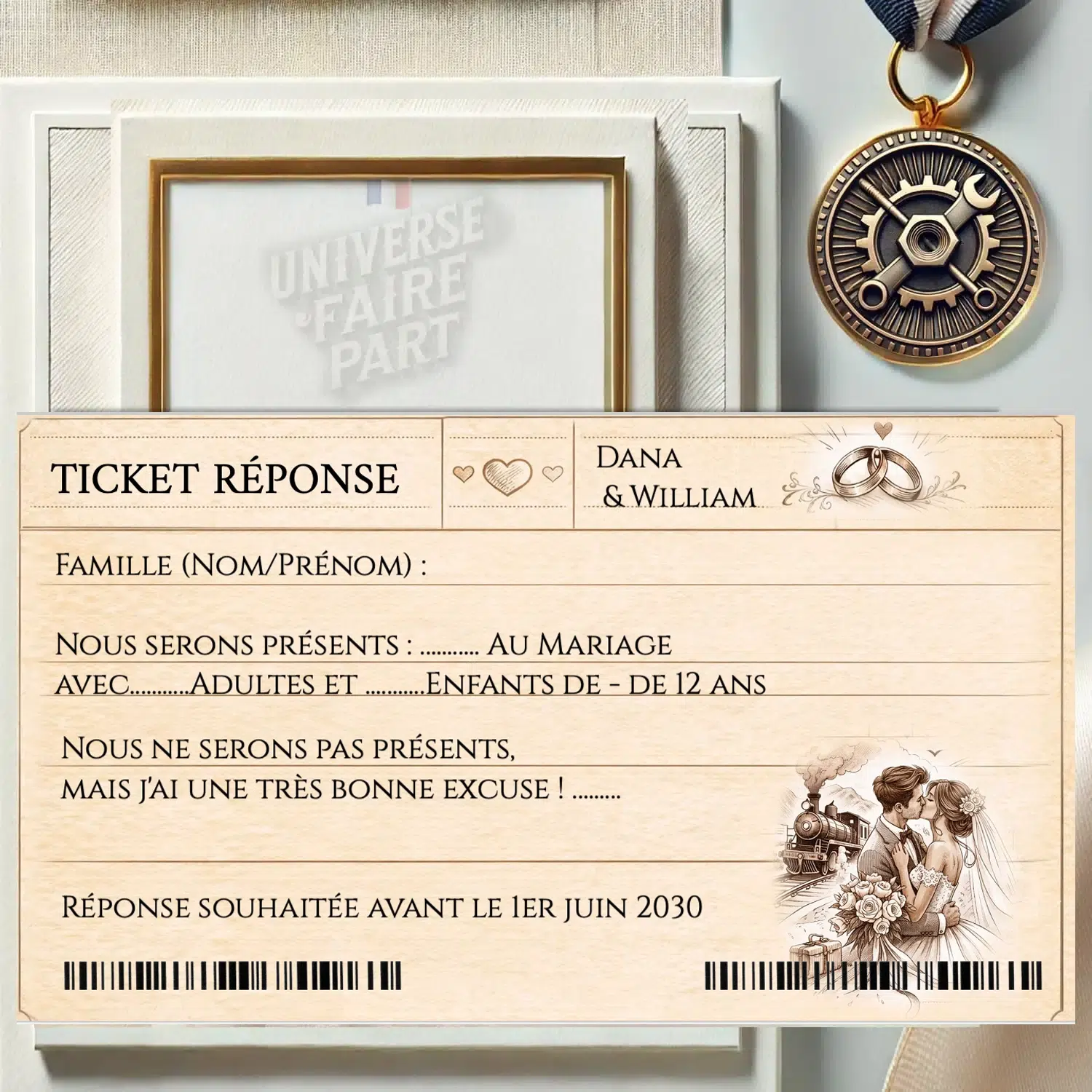 N°572.2 – Carton réponse Embarquement pour Toujours billet de train mariage