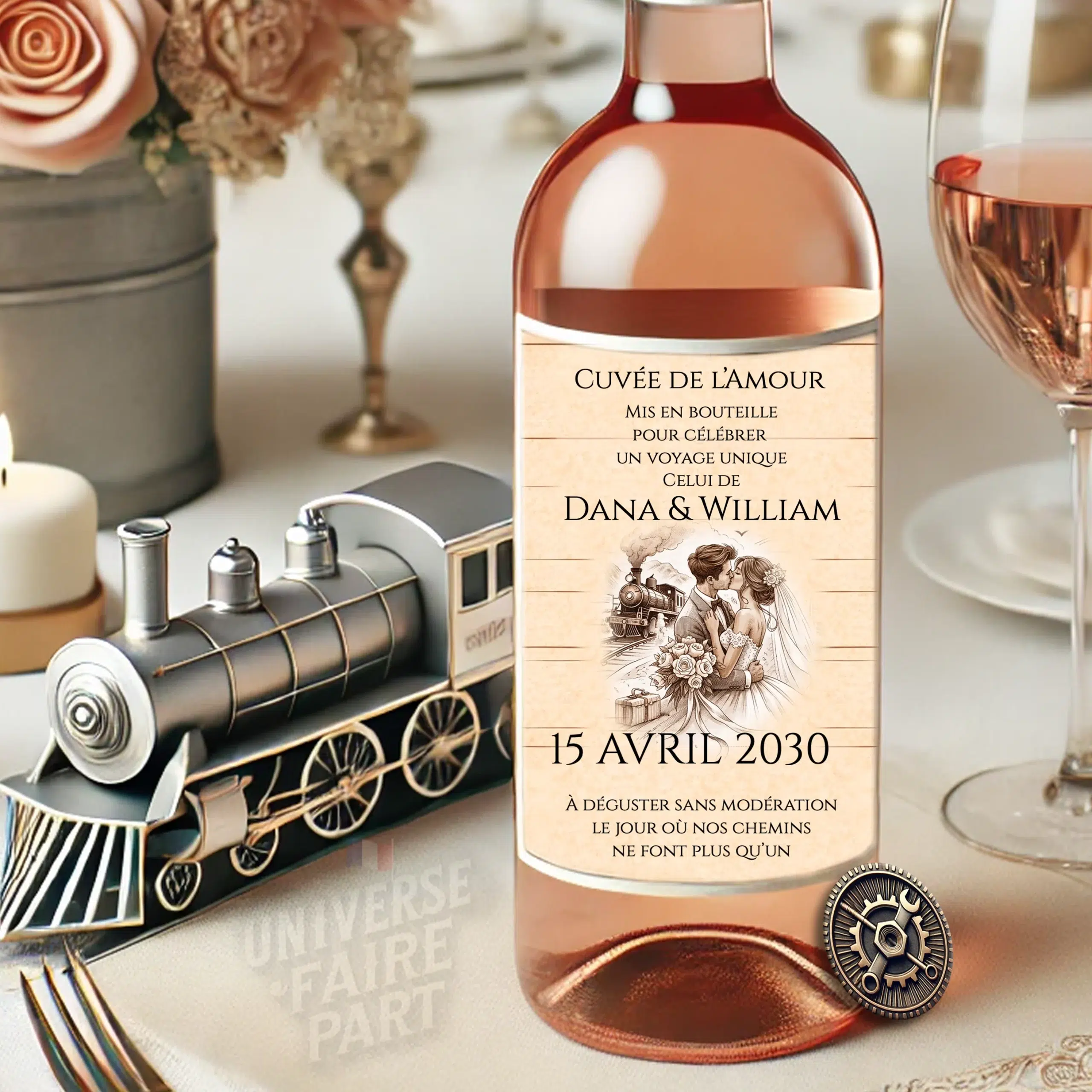 N°572.4 – Étiquette bouteille Embarquement pour Toujours billet de train mariage