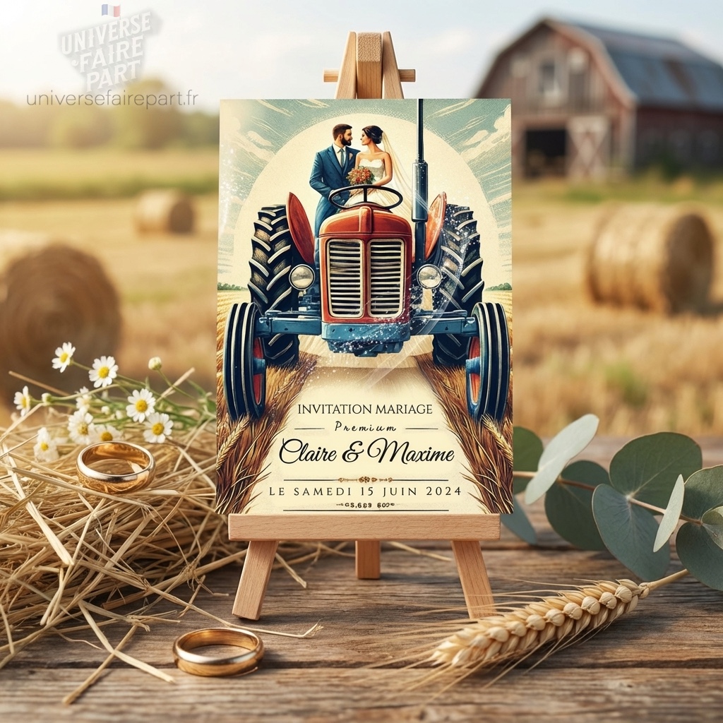 N°570 – Faire-part  Mariage Champêtre Tracteur et agriculteurs