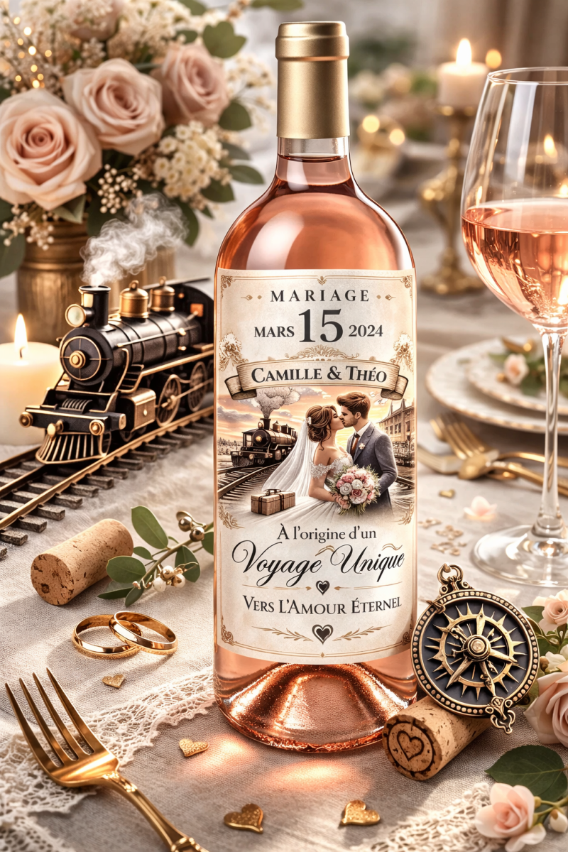 N°572.4 – Étiquette bouteille Embarquement pour Toujours billet de train mariage