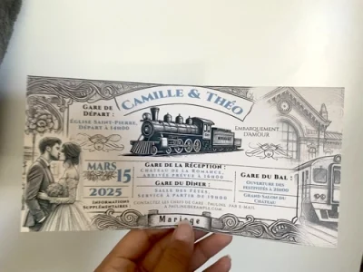 N°572 - Faire-part Embarquement pour Toujours billet de train mariage
