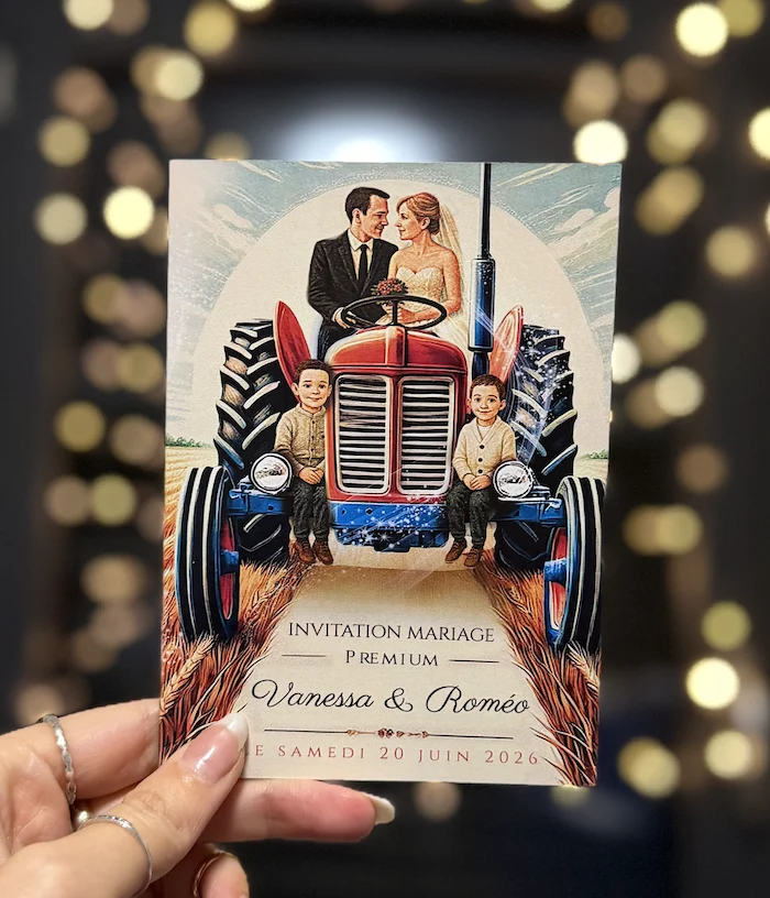 N°570 - Faire-part Mariage Champêtre Tracteur et agriculteurs