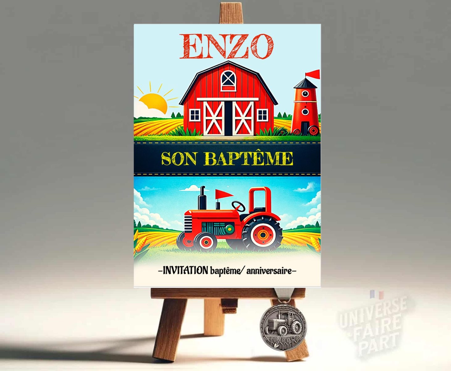 N°559 – Faire-part invitation à la ferme tracteur rouge