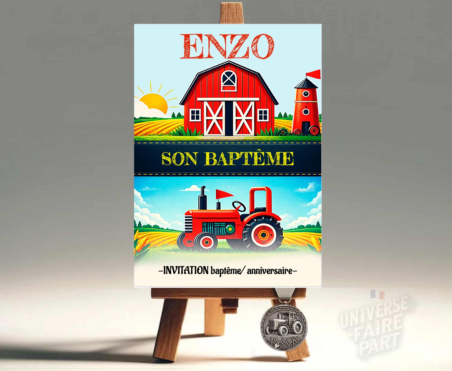 N°559 – Faire-part invitation à la ferme tracteur rouge