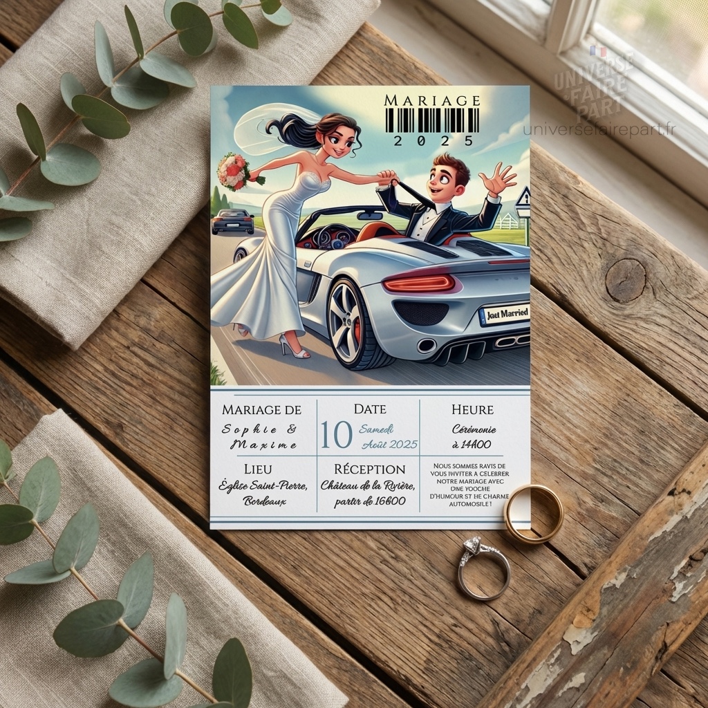 N°575- Faire-part cartoon mariage voiture humour