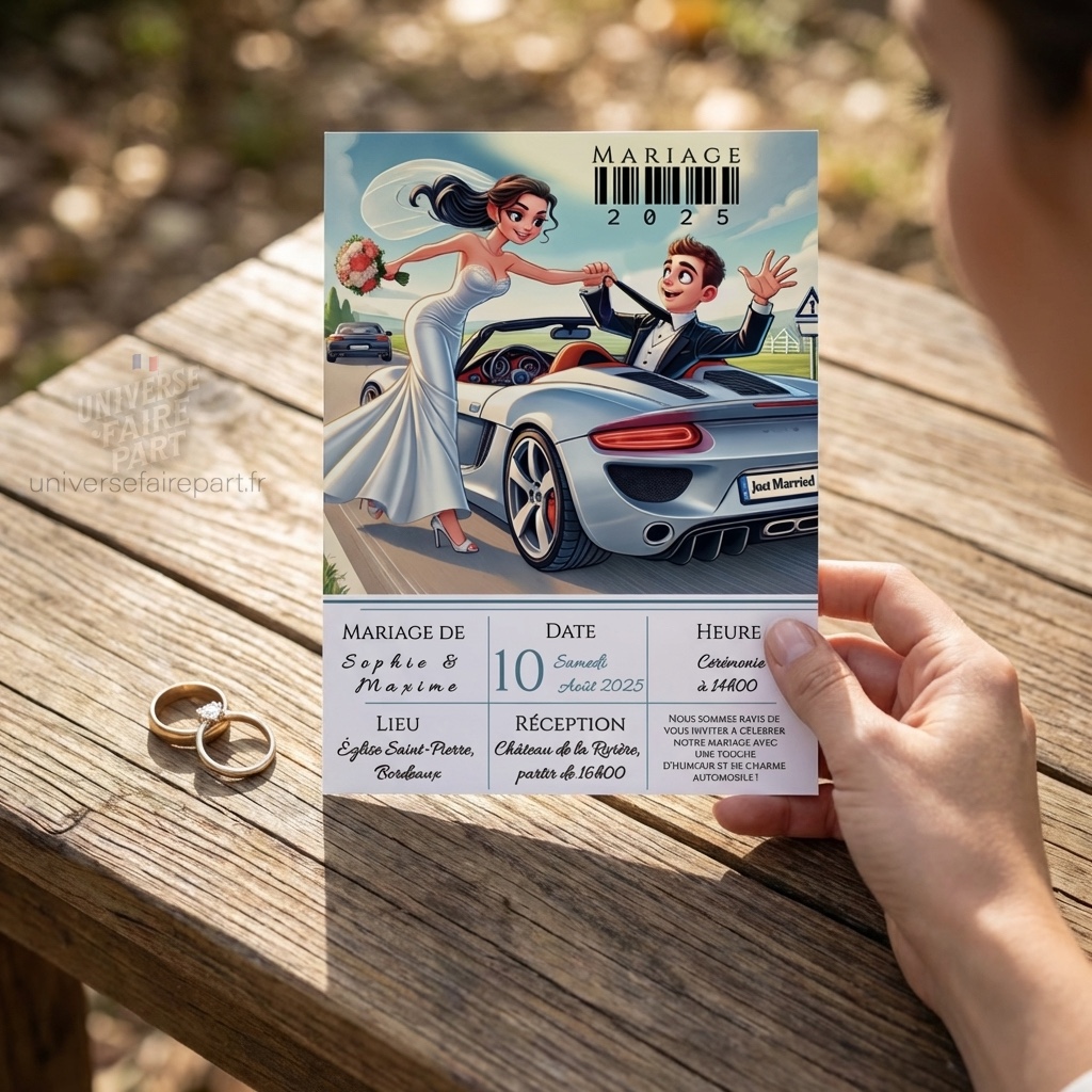 N°575- Faire-part cartoon mariage voiture humour