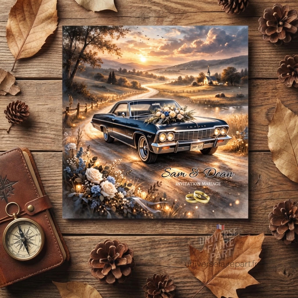 N°578 – Faire-part Mariage Sur la route de l’amour Chevrolet Impala