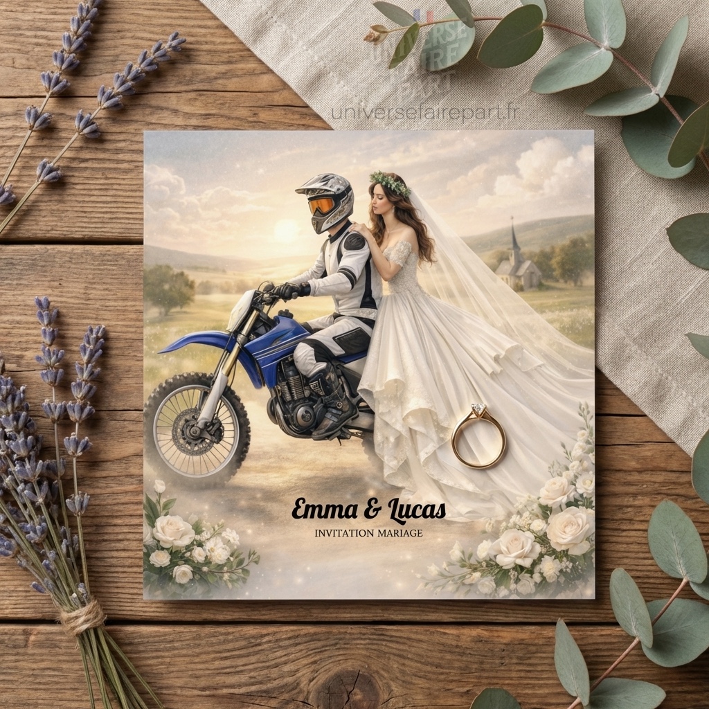 N°577 - Faire-part de mariage original moto Yamaha passionnés d’aventure !