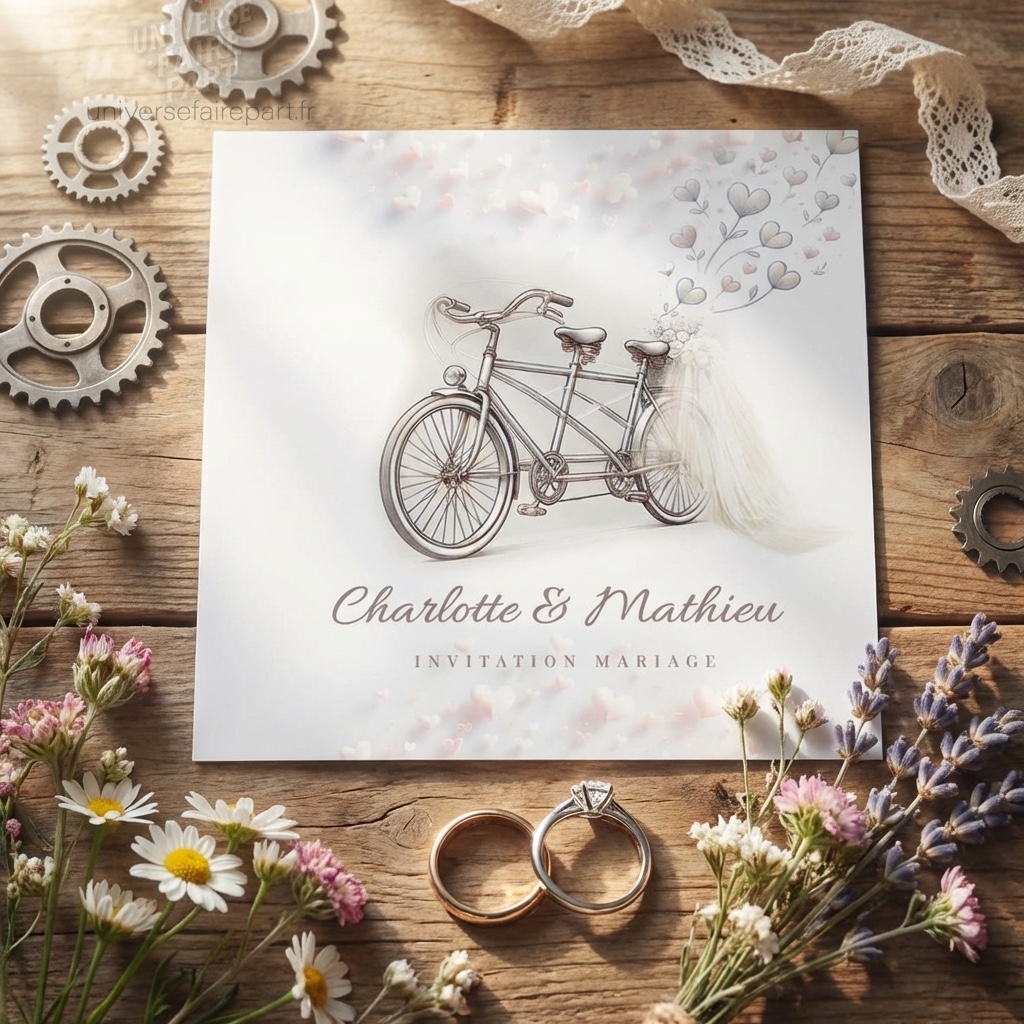 N°579 – Faire-part carte  En tandem vers le bonheur mariage