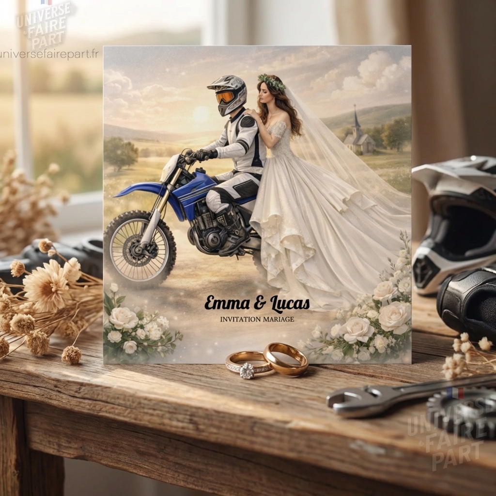 N°577 - Faire-part de mariage original moto Yamaha passionnés d’aventure !