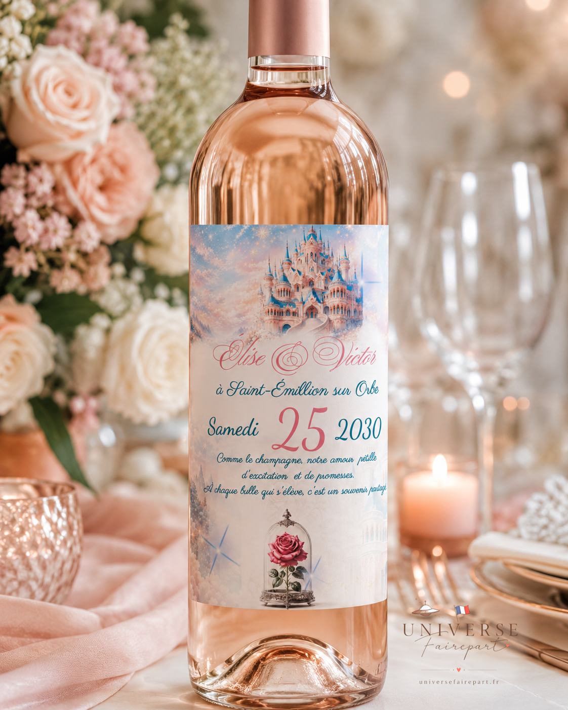 N°181.6 Étiquette bouteille  Mariage château or rose Royal tendresse