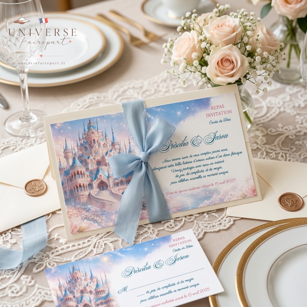 N°181.1 Carton repas Mariage château or rose Royal tendresse