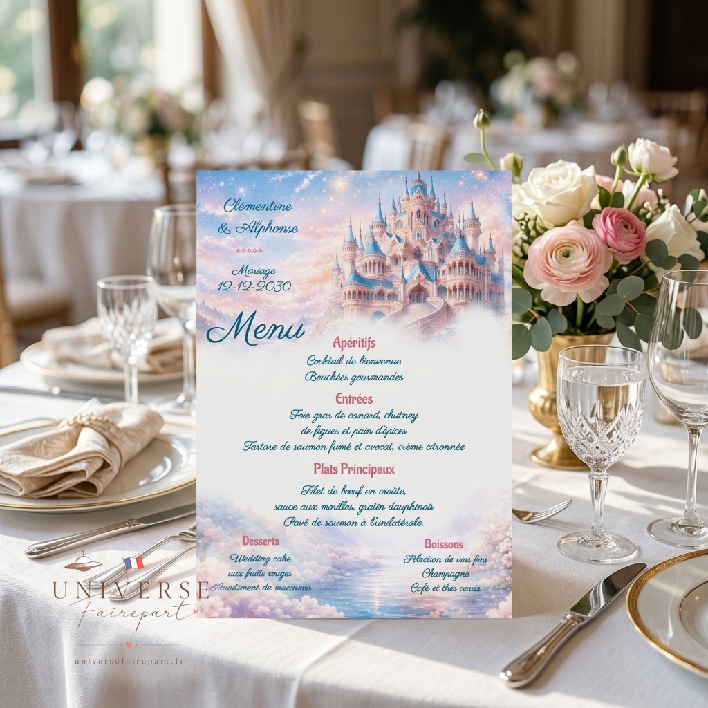 N°181.5   Menu Mariage château or rose Royal tendresse