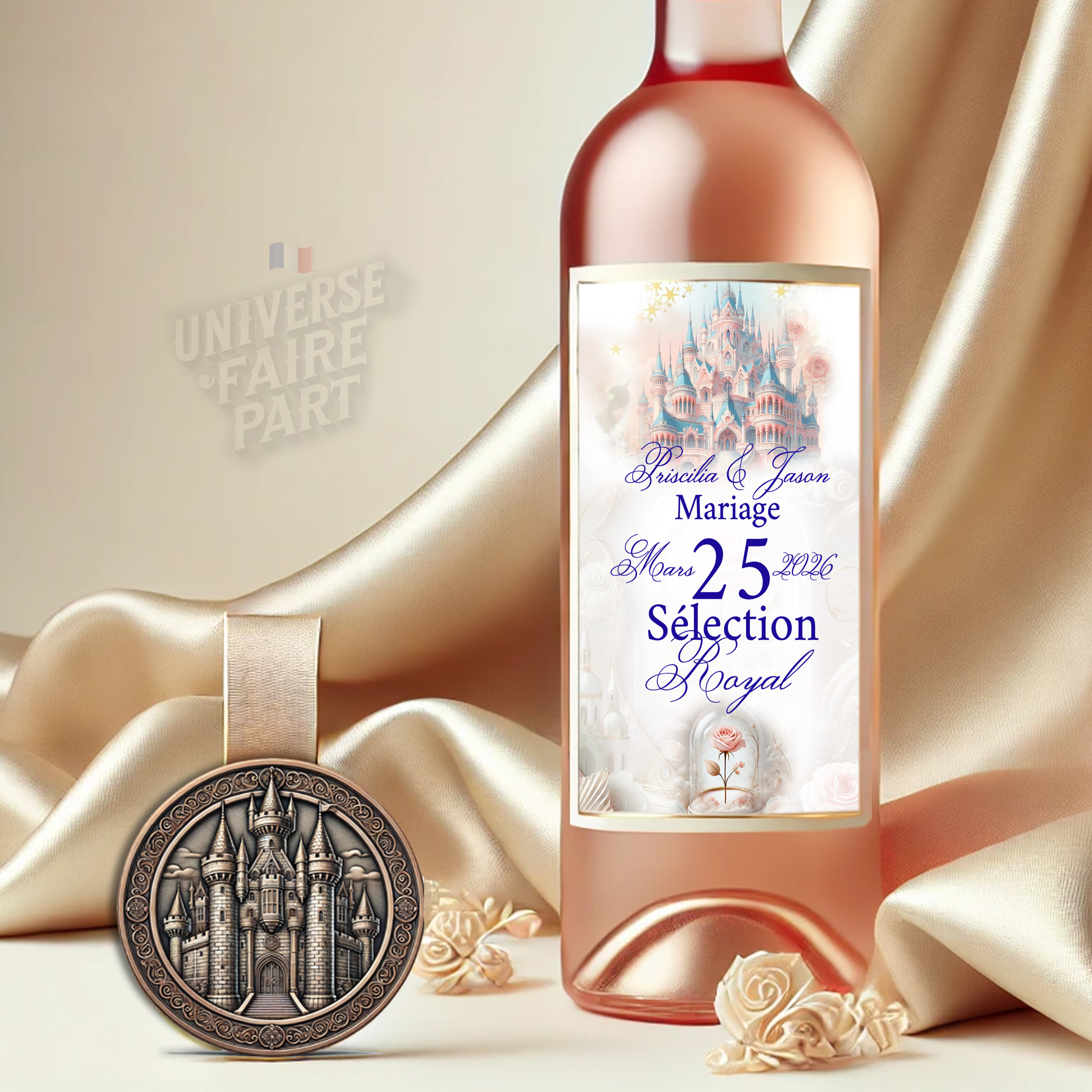 N°181.6 - Étiquette bouteille Mariage château or rose Royal tendresse