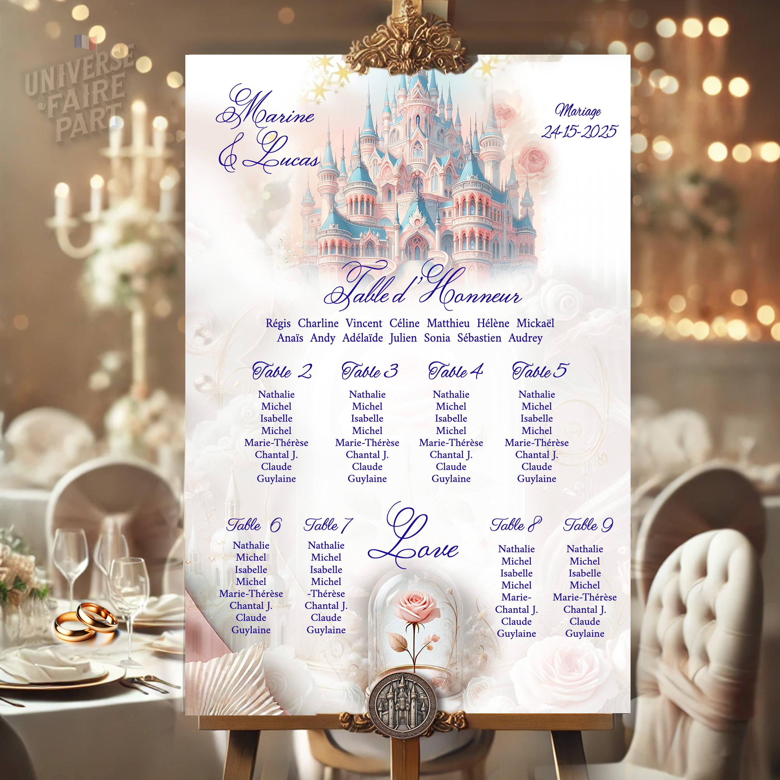 N°181.8 - Plan de table Mariage château or rose Royal tendresse