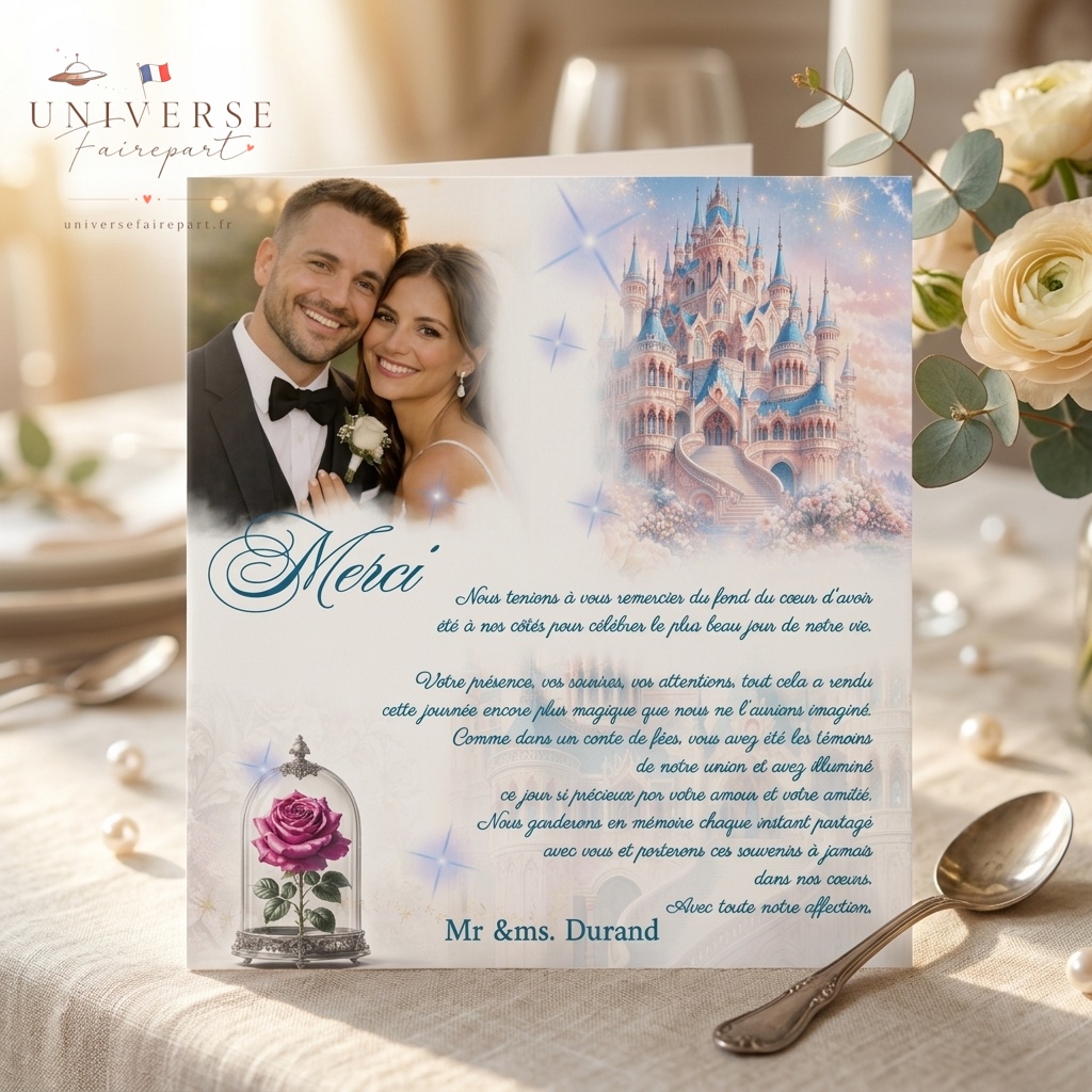 N°181.7 Remerciement Mariage château or rose Royal tendresse