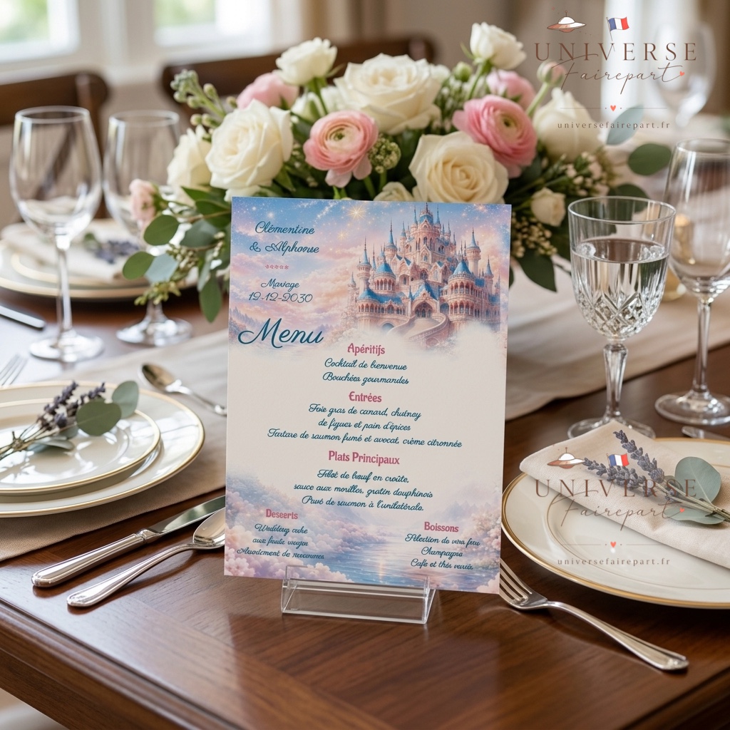 N°181.5 Menu Mariage château or rose Royal tendresse