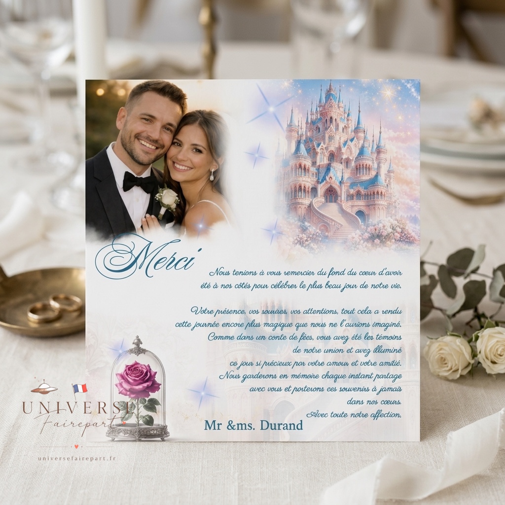 N°181.7 Remerciement Mariage château or rose Royal tendresse