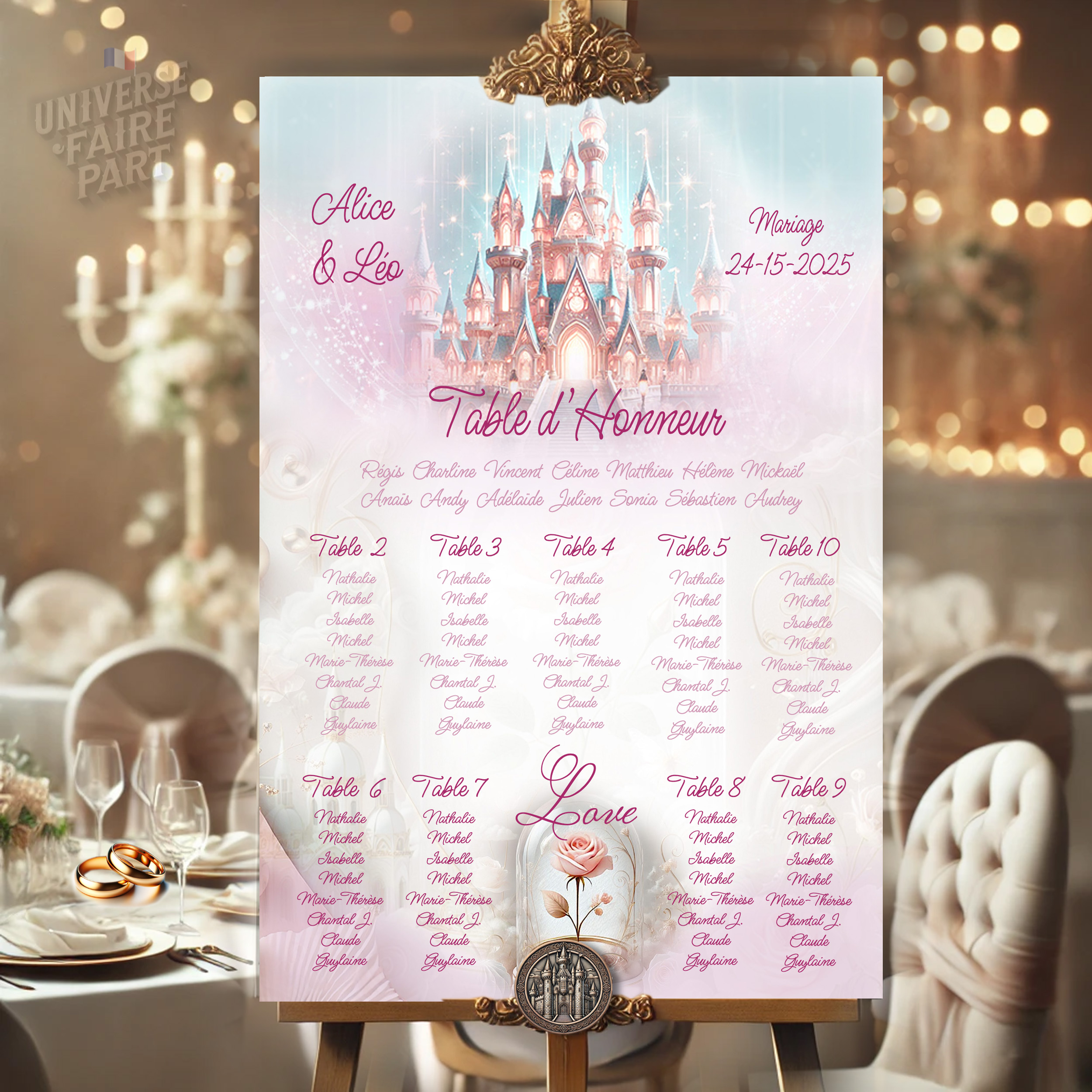 N°73.4 - Plan de table Magique château rose bleu et blanc Ce splendide plan de table, magnifiquement décoré d’un château féérique dans des tons doux de rose, bleu et blanc, est l'élément parfait pour organiser votre réception de mariage de façon élégante. Chaque table est finement détaillée, offrant une lisibilité claire et harmonieuse, tout en apportant une touche royale et romantique à votre décor. Personnalisez ce plan de table avec les noms de vos invités et vos propres prénoms pour qu'il s'intègre parfaitement à l'ambiance de votre grand jour. Idéal pour un mariage sous le signe du rêve et de la magie, ce plan de table se distingue par son raffinement et son élégance. Fabriqué en France avec soin, l’expédition est rapide et offerte. Mots-clés : plan de table mariage, château rose, organisation mariage, papeterie personnalisée, mariage conte de fées, plan de table élégant, décoration de mariage, livraison rapide, faire-part princesse.