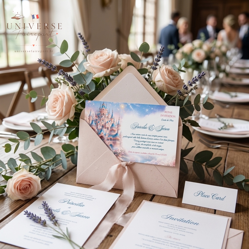 N°181.1 Carton repas Mariage château or rose Royal tendresse