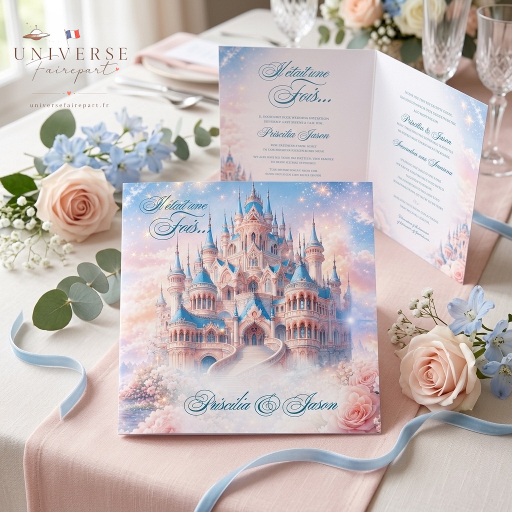 N°181 Faire-part Mariage château or rose Royal tendresse