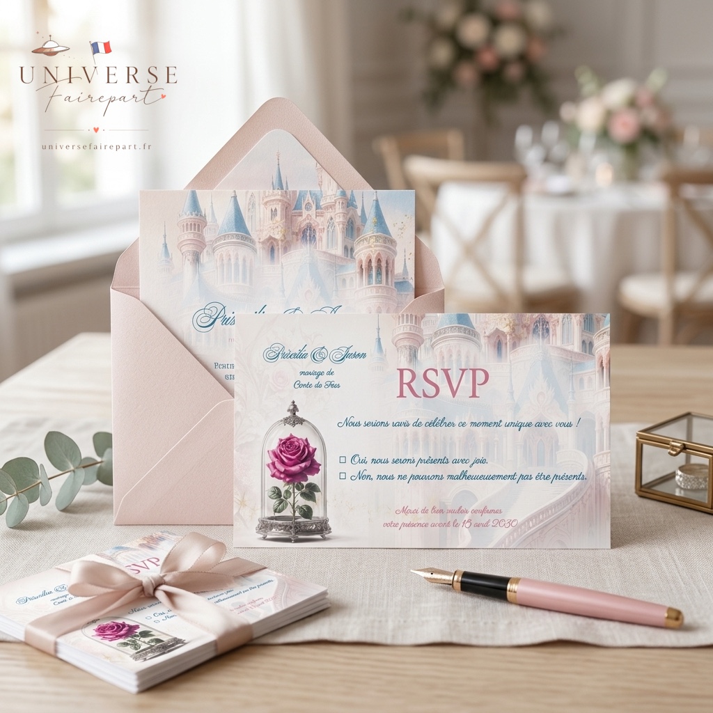 N°181.2  Carton Réponse Mariage château or rose Royal tendresse