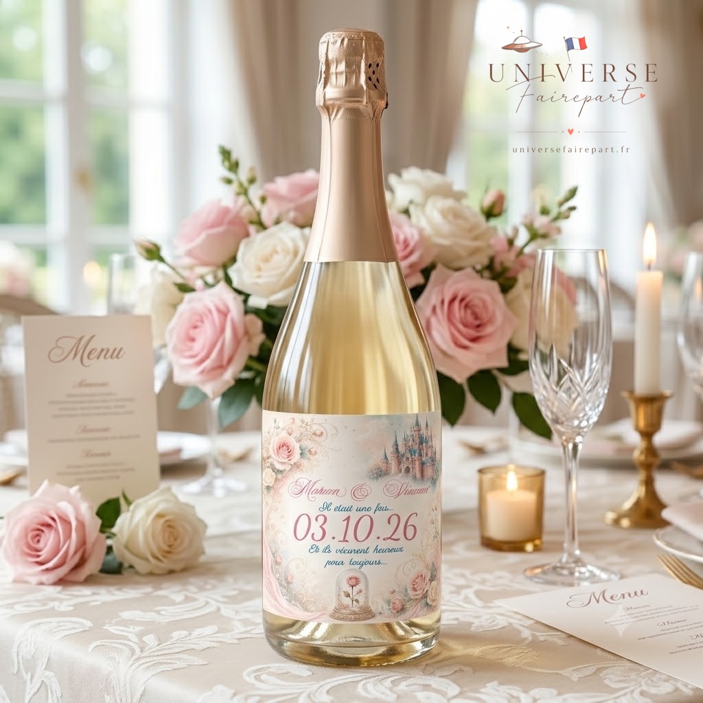 N°181.6 Étiquette bouteille  Mariage château or rose Royal tendresse
