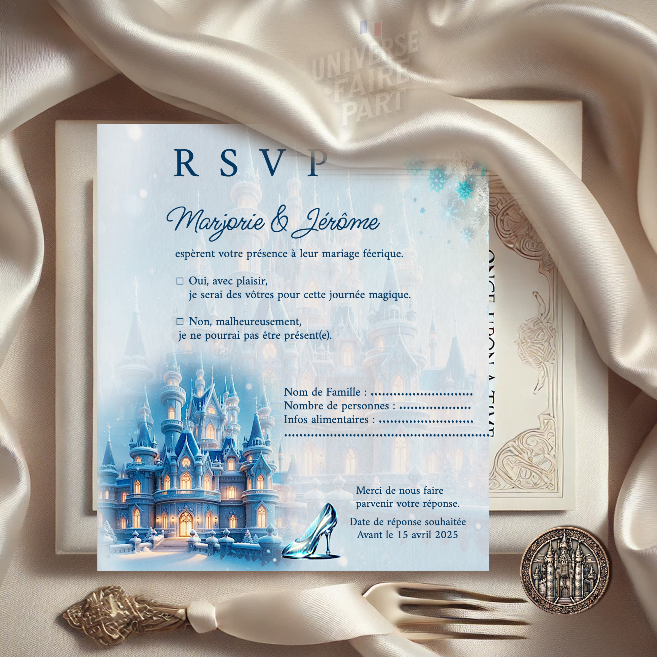 N°91.2 - Carton Réponse mariage Château Cendrillon enneigé Un Hiver Enchanté