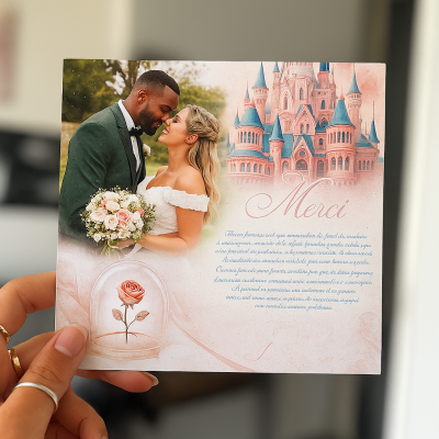 N°181.7 - Remerciement Mariage château or rose Royal tendresse