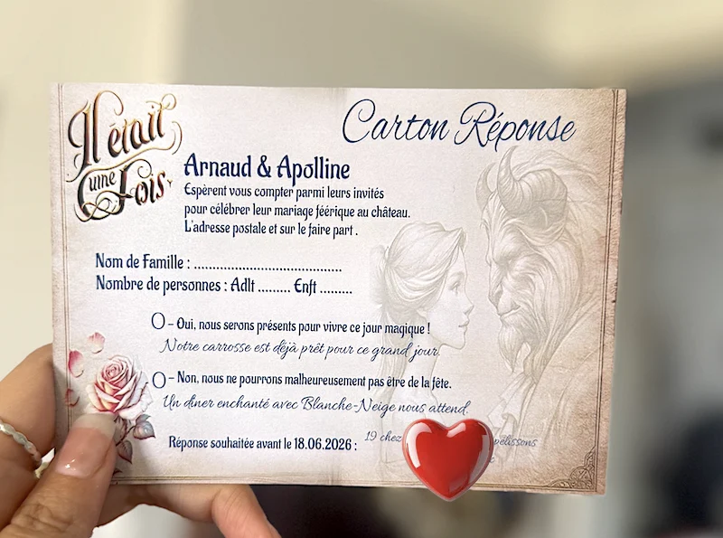 N°25.2 – Carton réponse mariage Château Belle & la Bête Histoire éternelle