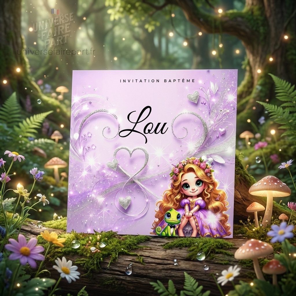 N°339.9 – Faire-part invitation Princesses de contes Raiponce