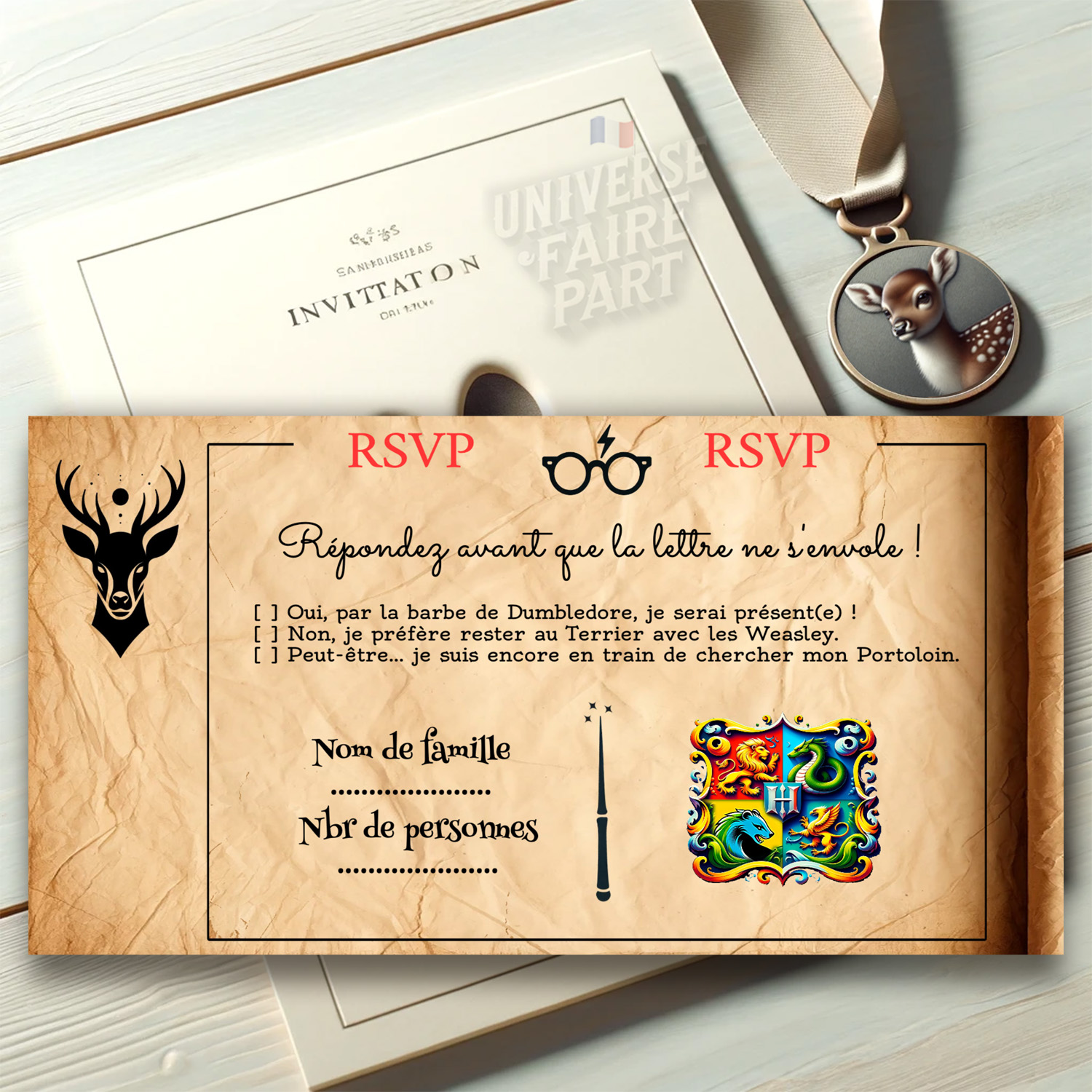 N°225,1 - Carton réponse invitation Poudlard Anniversaire Harry Potter parchemin