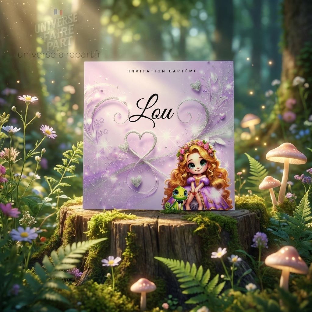 N°339.9 – Faire-part invitation Princesses de contes Raiponce