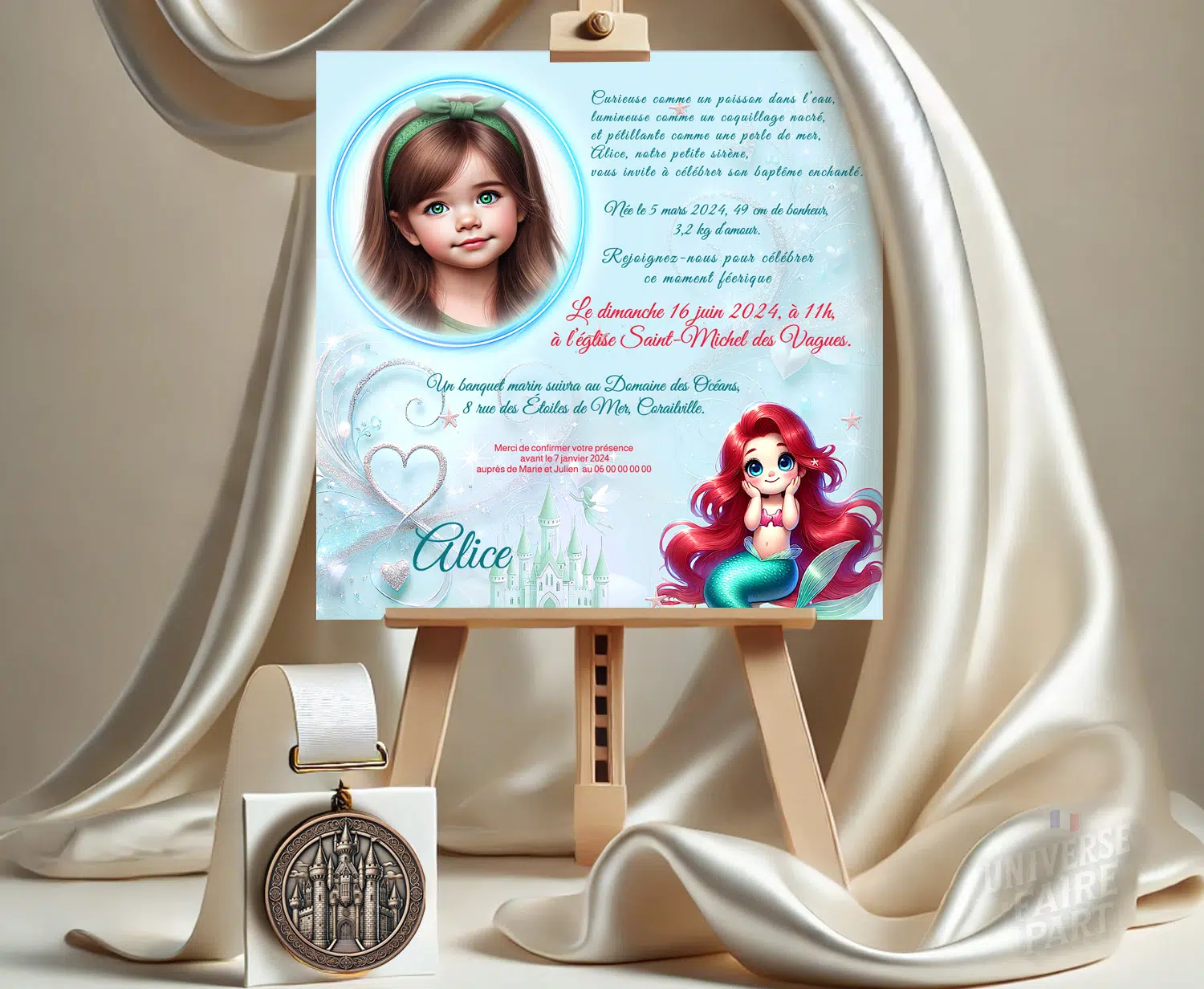 N°339.4 - Faire-part invitation Princesses de contes Ariel petite sirène