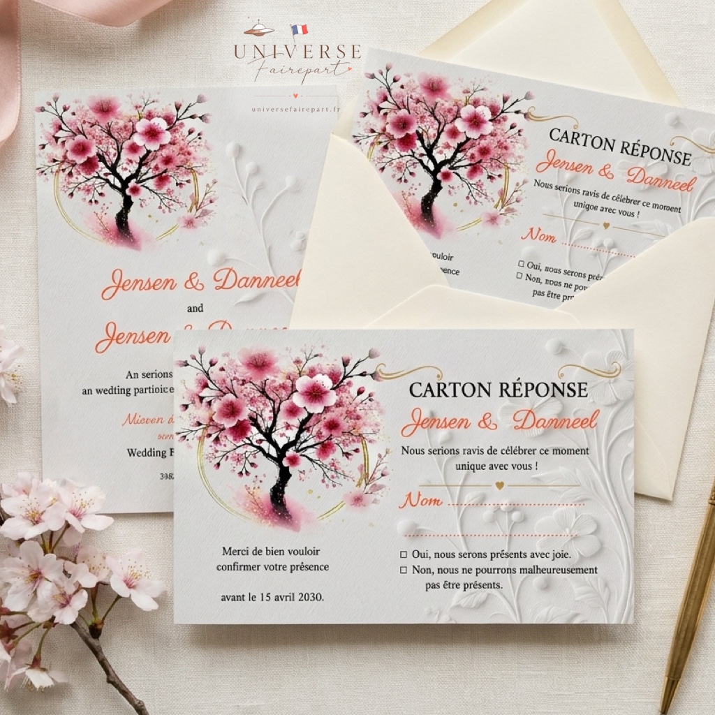 N°536-2 Carton Réponse de Mariage Sakura Arbre cerisier