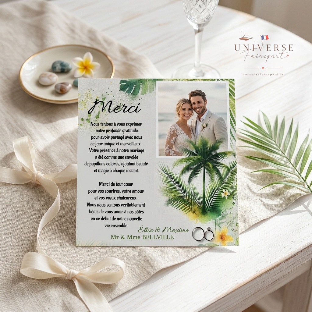 N°05.8 Carte de Remerciement de Mariage Sous le Palmier Éternel