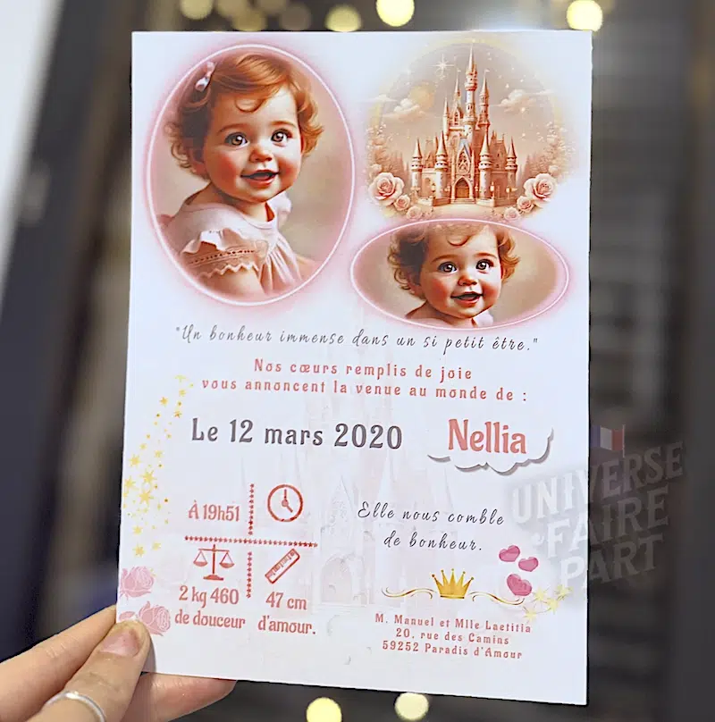 N°292 – Faire-part  château rose naissance ou Baptême