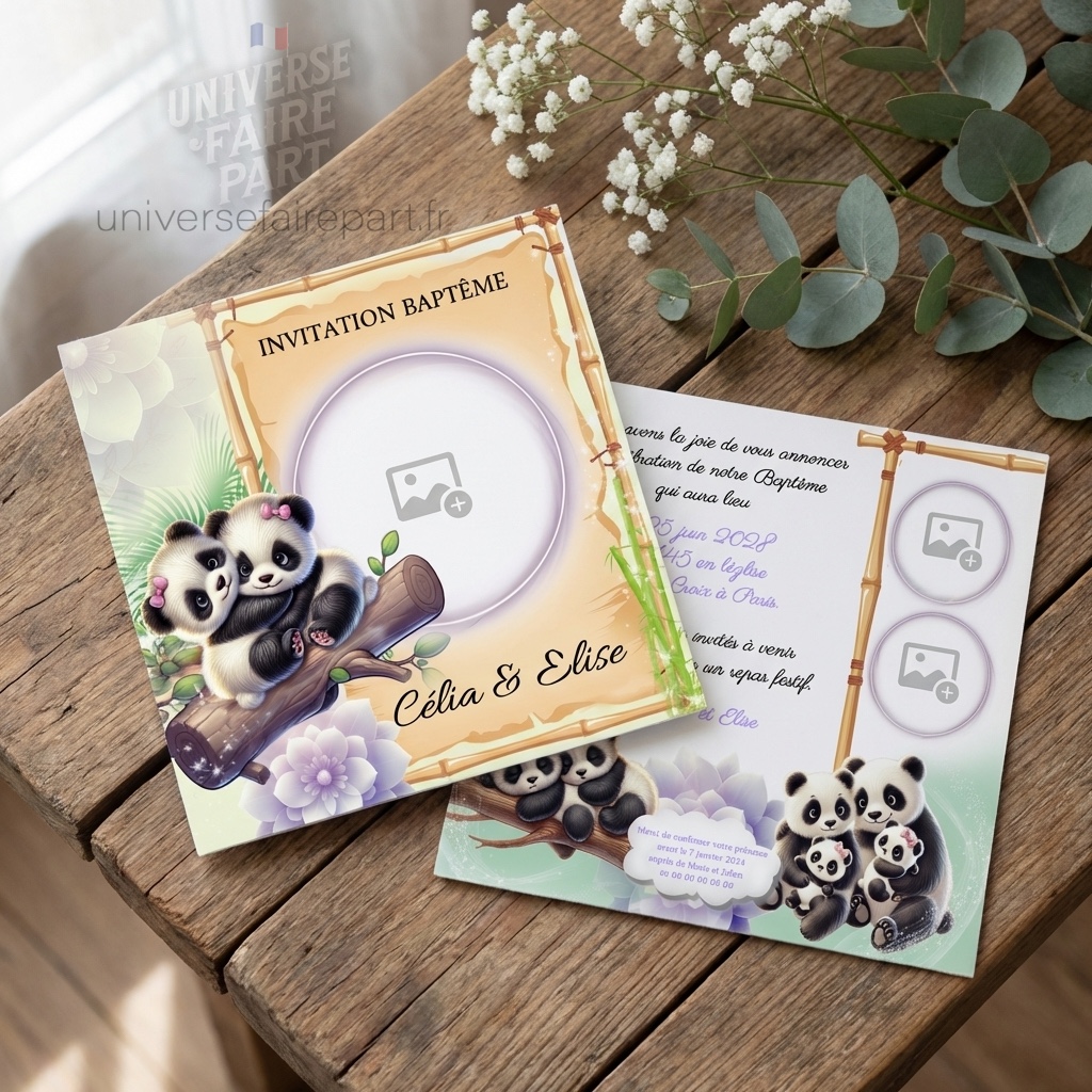 N°92 – Faire-part Petit panda & Bambou parchemin Jumelles