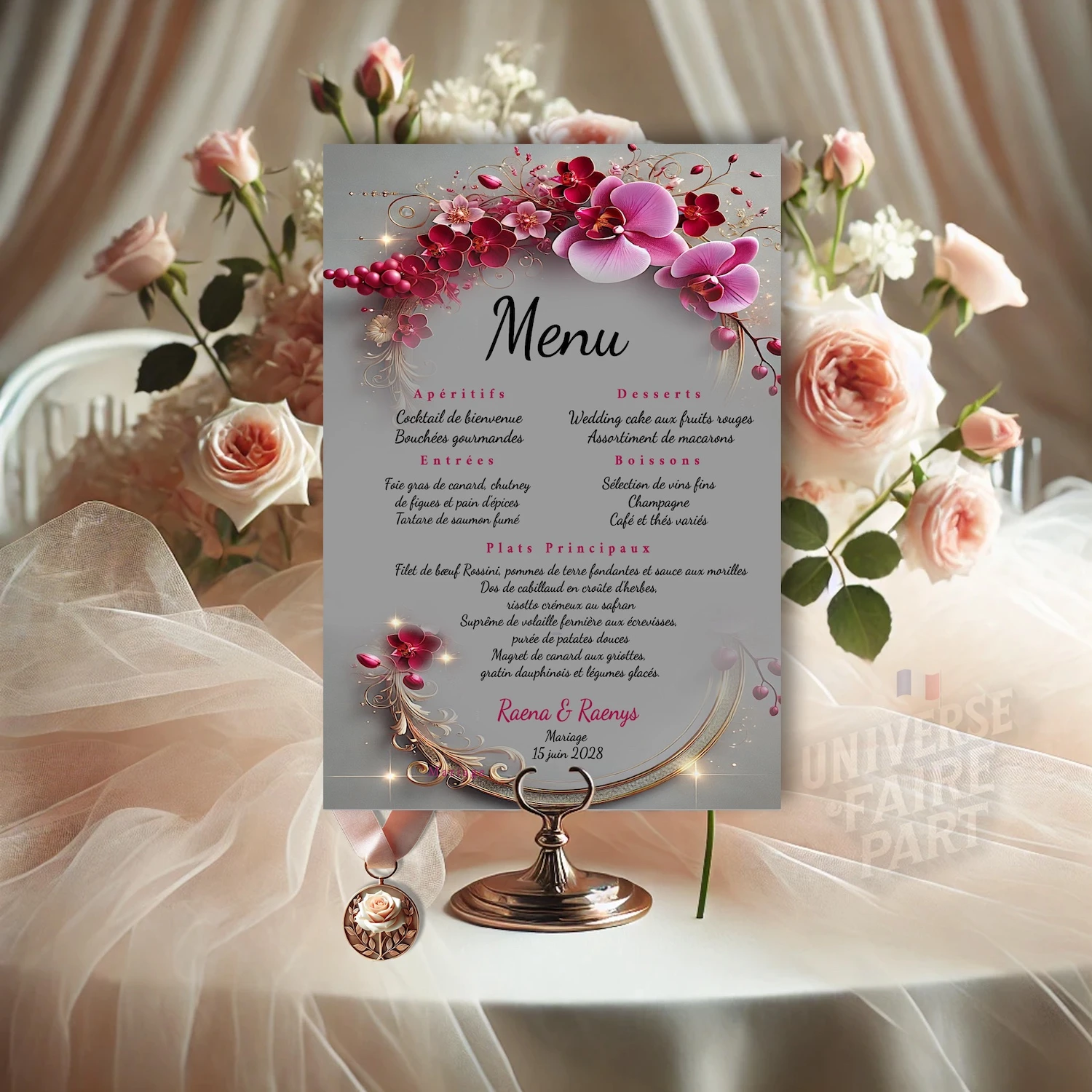 N°549.7 - Menu mariage Champêtre vin vigne orchidée fuchsia