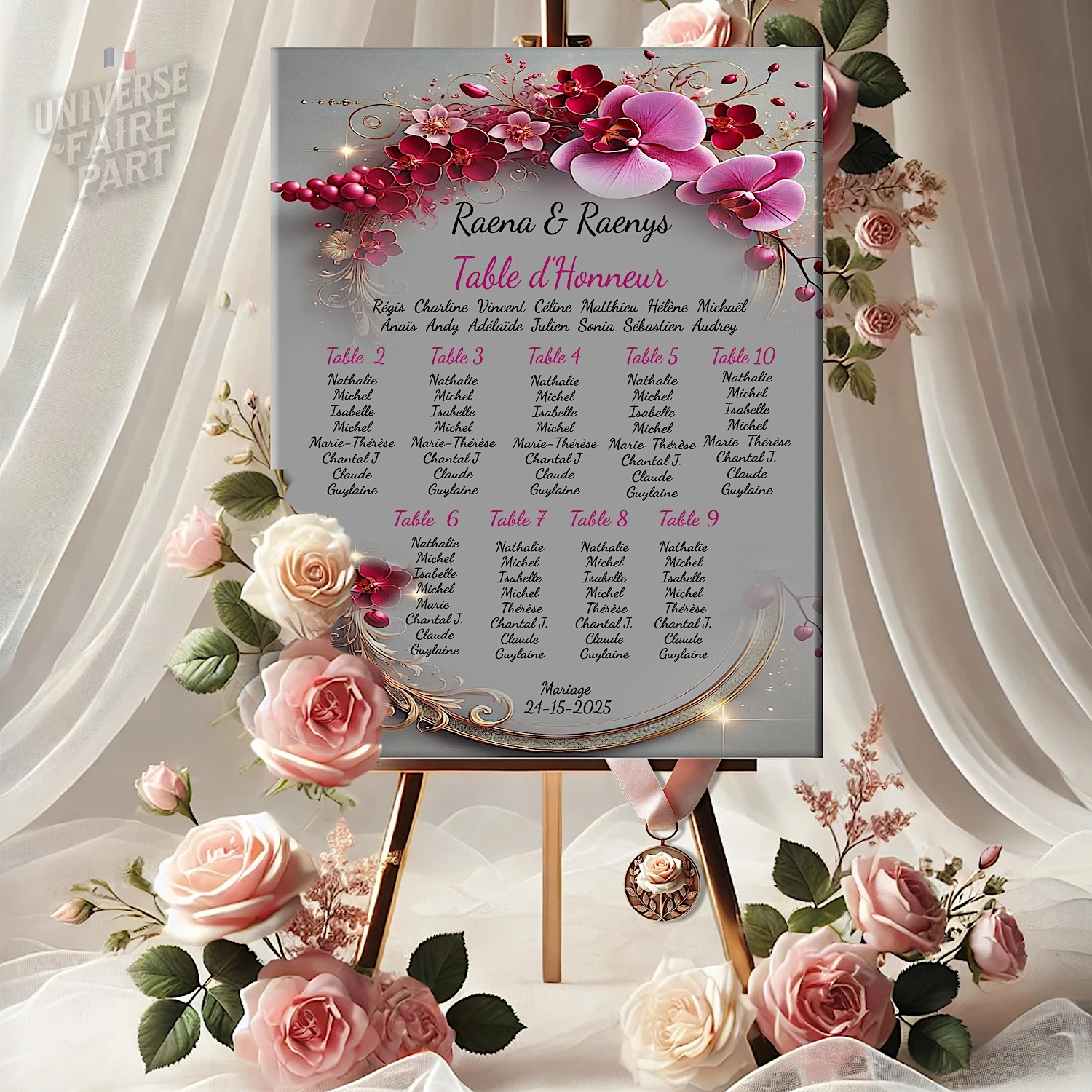 N°549.8 - Plan de table mariage Champêtre vin vigne orchidée fuchsia