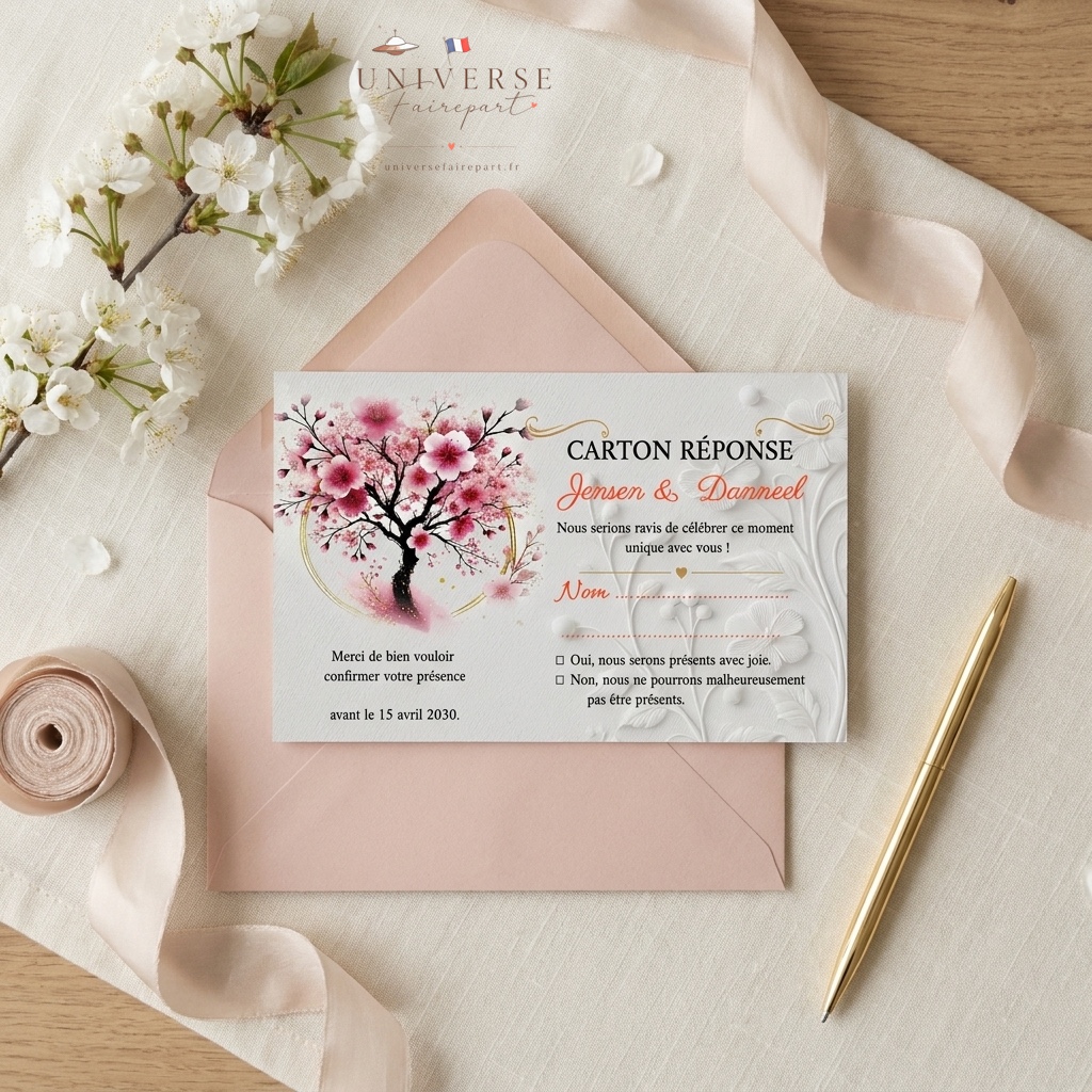 N°536-2 Carton Réponse de Mariage Sakura Arbre cerisier