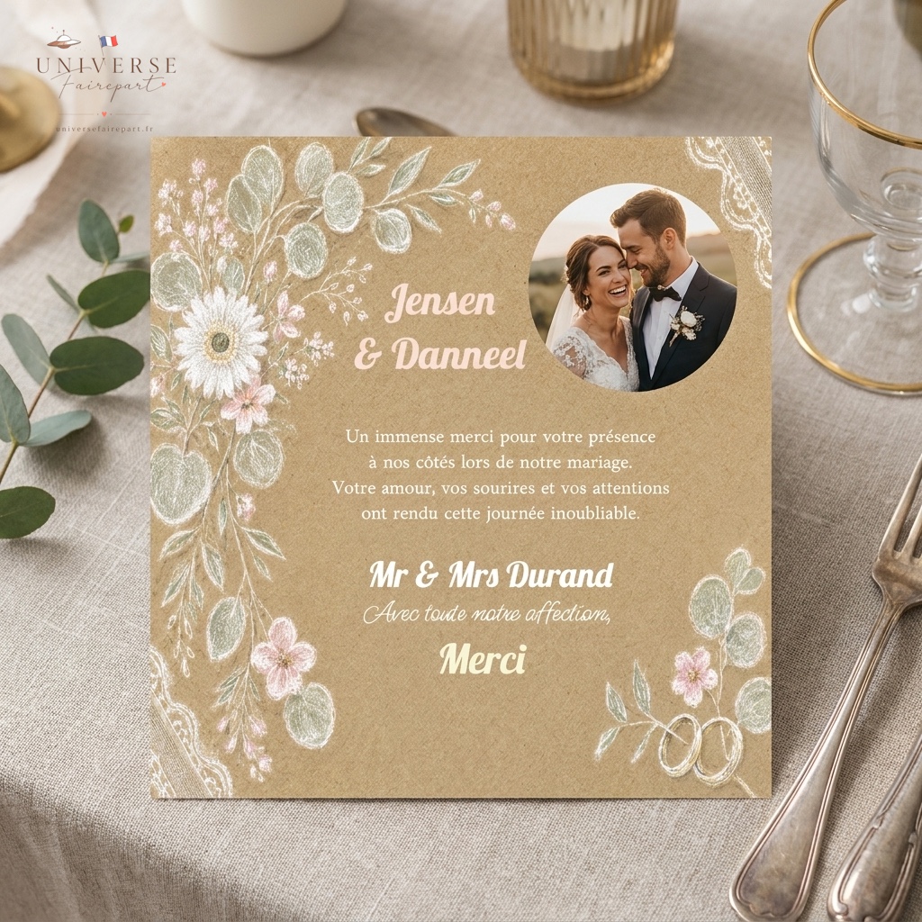 N°415.4 Remerciement de Mariage couronne effet Kraft champêtre