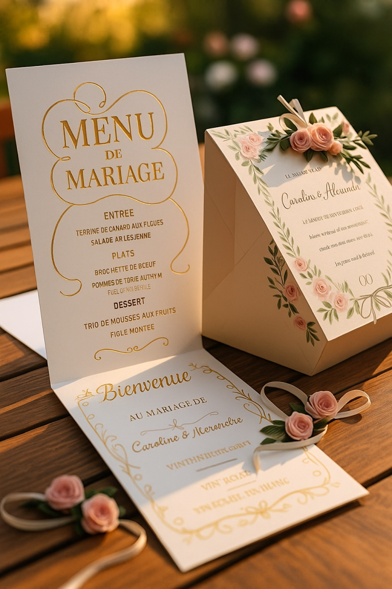 Menu de mariage : Des cartes prĂ©sentant le menu du repas de l’Ă©vĂšnement