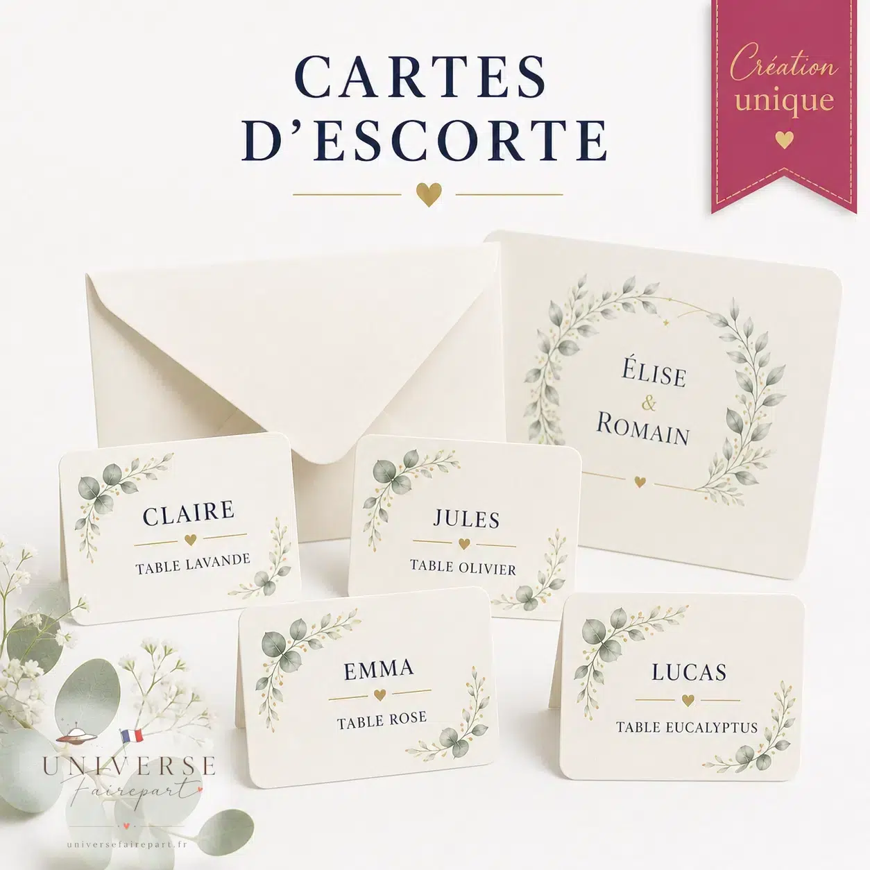 Création Unique Cartes d'escortes : Des petites cartes indiquant le nom de chaque invité