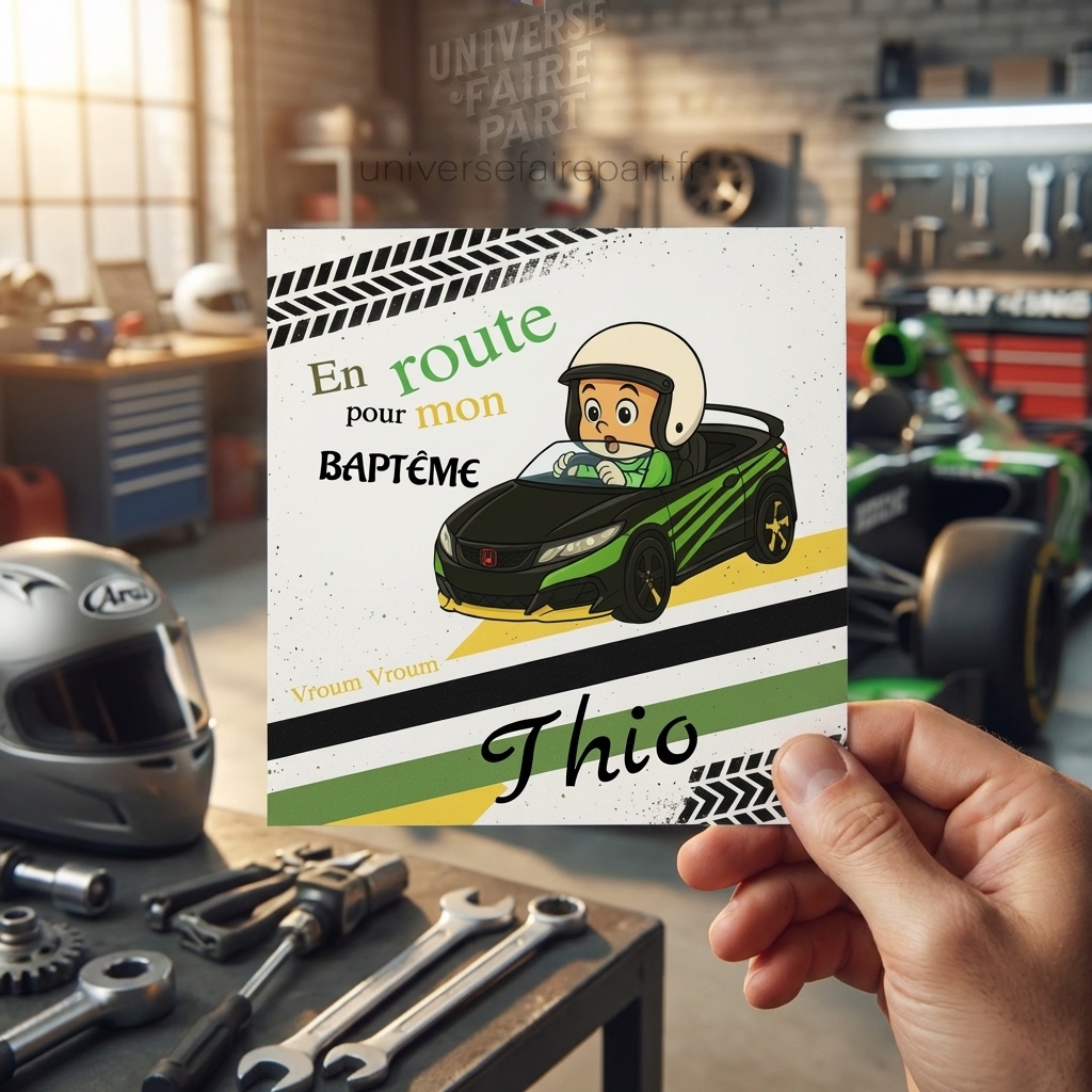 N°576 – Faire-part de Baptême Thio Petit pilote de course