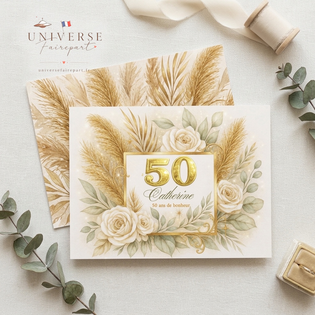 N°580 faire-part Invitation Anniversaire champêtre Dorée 50 ans