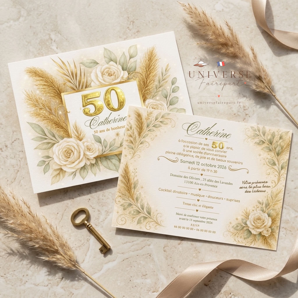 N°580 faire-part Invitation Anniversaire champêtre Dorée 50 ans