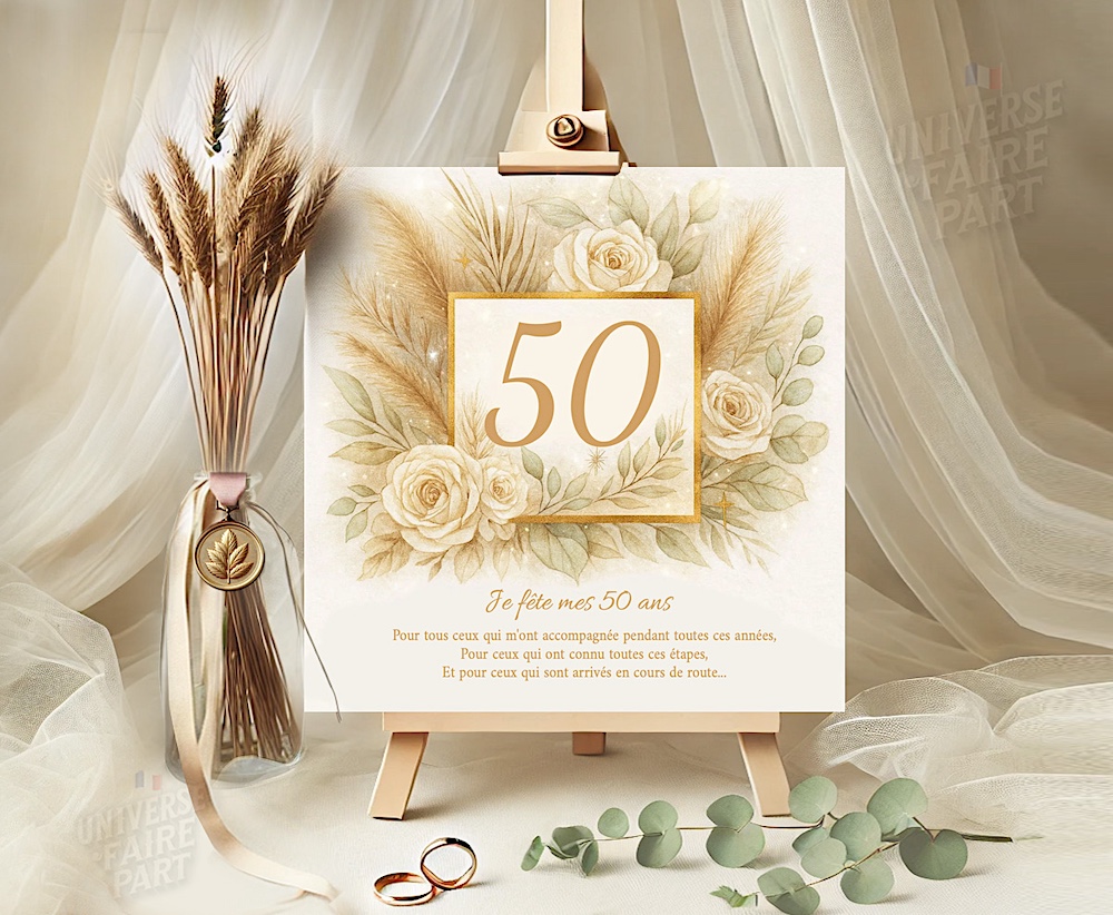 N°580 faire-part Invitation Anniversaire  Modèle Élégance Dorée 50 ans